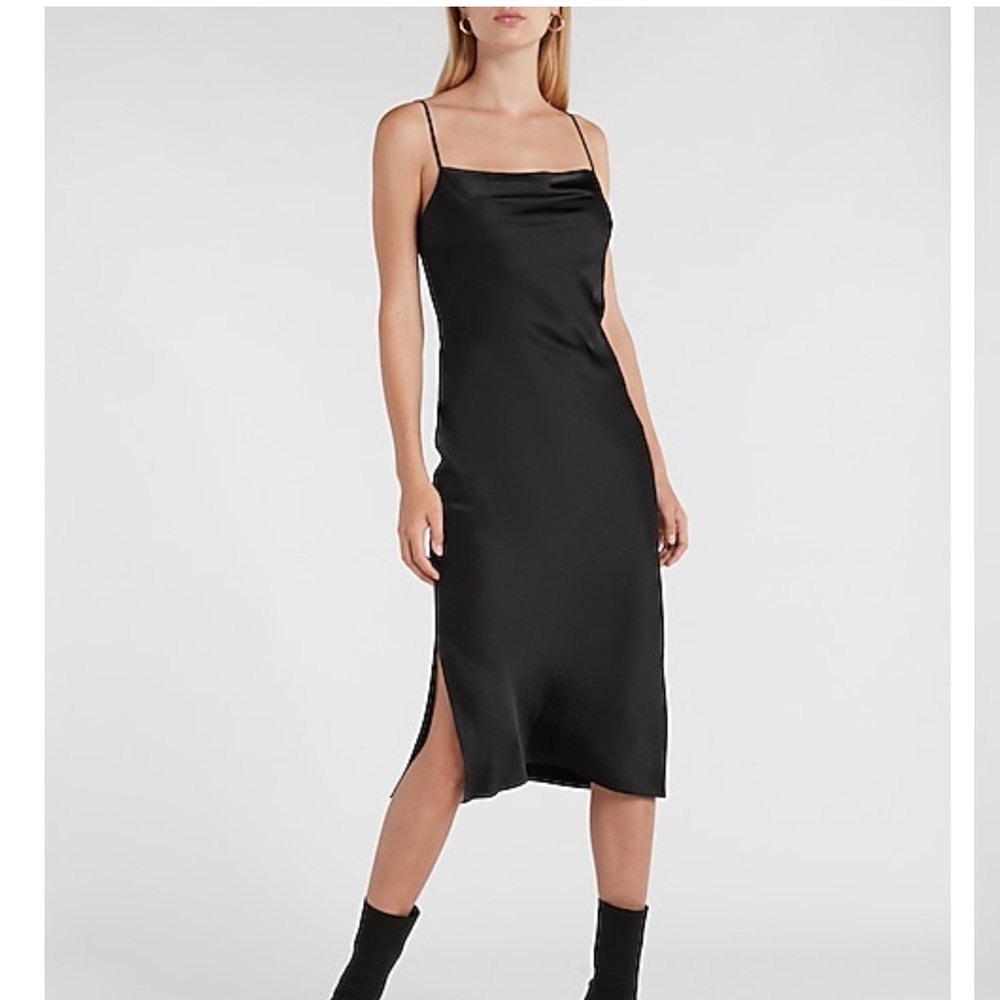 Express satin cowl neck midi slip dress black